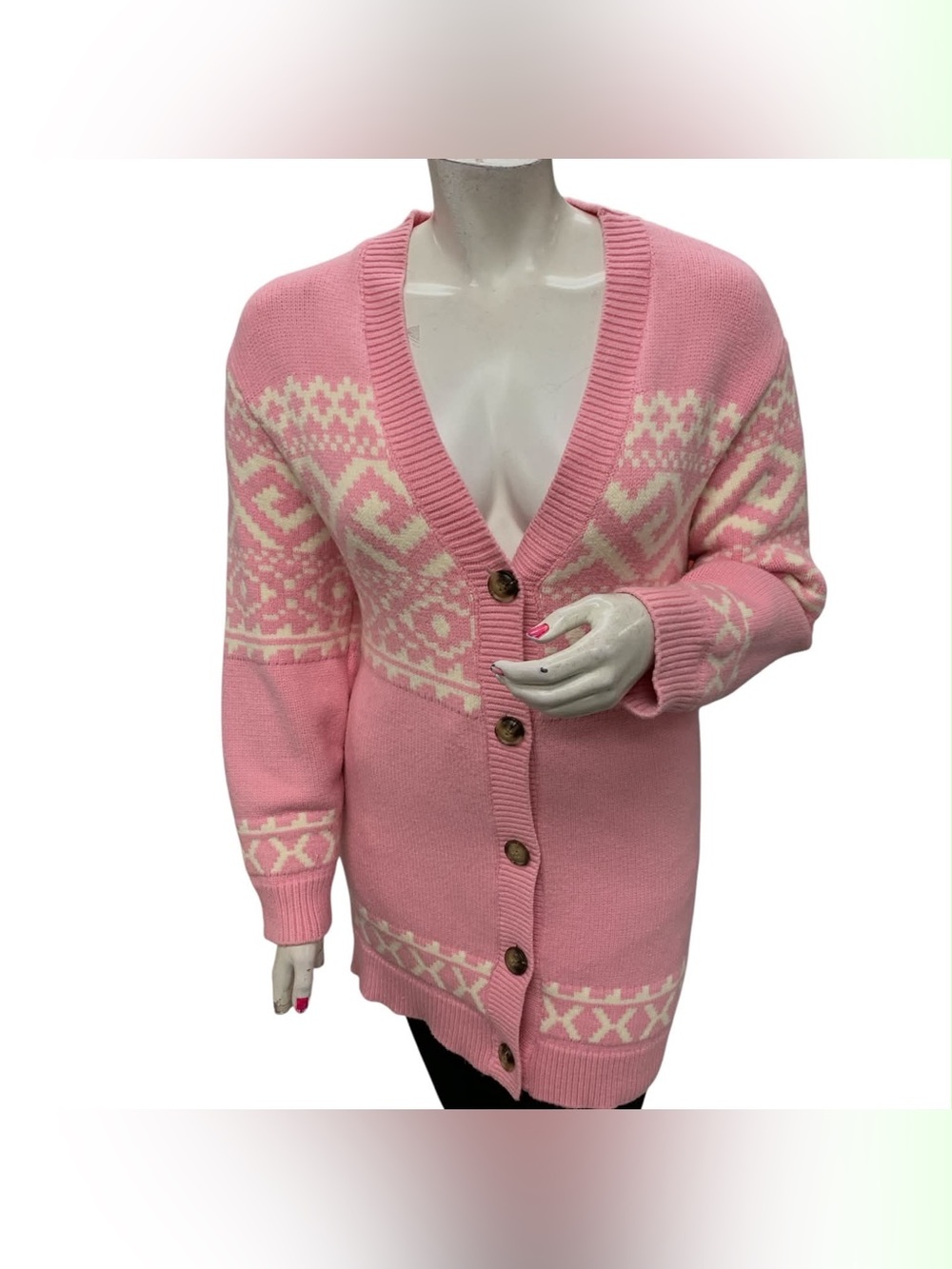 Brunette The Label Pink & Cream Fair Isle Button Cardigan Size L